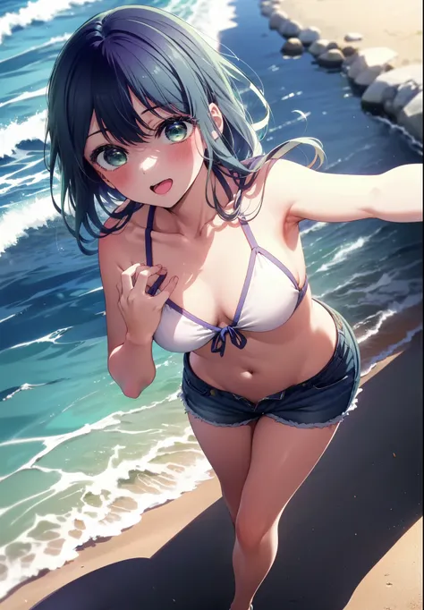 akanekurokawa, akane kurokawa, bangs, (Green Eyes:1.3), Blue Hair, Long Hair, dark Blue Hair,smile,blush,Open your mouth,Medium Breast,White Bikini Swimsuit,Shorts,Cute Sandals,Sandy Beachを散歩している,Walking,whole bodyがイラストに入るように,
break outdoors, Beach,Sandy B...