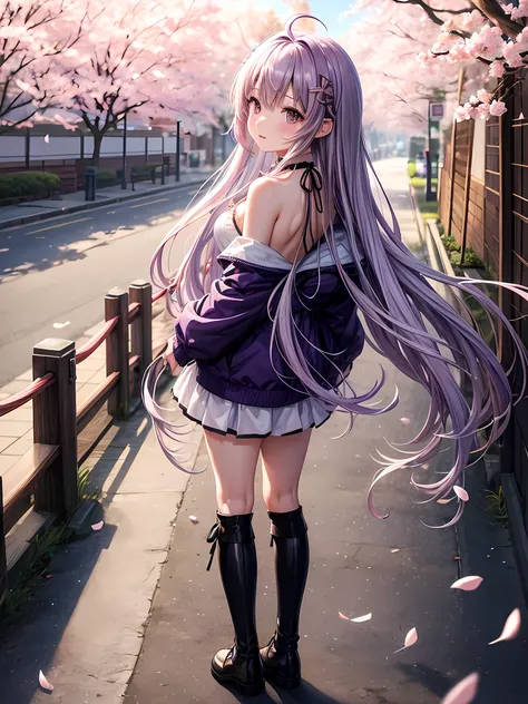 Shrinkage rate, Depth of written border, Highest quality, Yuitsuki Yukari, Long Hair, A lovely windy day, alone, View your viewers, Speckled sunlight,Cherry blossom petals, Standing position, look back, Shrinkage rate, Depth of written border, Highest qual...