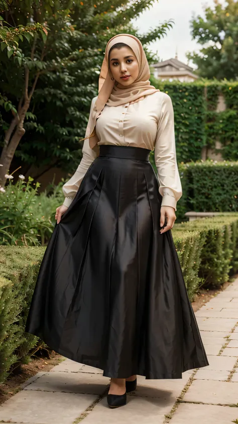 A delicate and cute arabic man crossdressing as a woman wearing perfect hijab, curvy and wide hips, ameteur photo, woman in a black skirt and a beige blouse, long skirt,  dress, high-waist-black-skirt, hijab, with lovely look, modest flowing gown, pleated ...