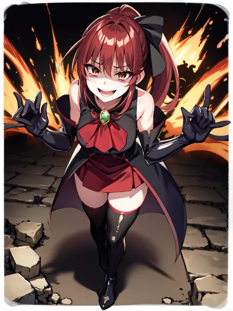 Highest quality, masterpiece, One Girl,Not beautiful, Red Ponytail, Long dress, brooch, Hair Ribbon, Black knee socks, Standing on the rubble, , ,,Dark shadow face,Sadistic laugh,,Malice,Contempt,smile,latex,Bad face,,Red Skirt,both hands,Two legs,Five F...