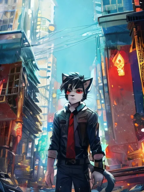 cat boy，white fur，black hair，black eyebrows，red eyes，the vague gaze，a city falling apart，ink style