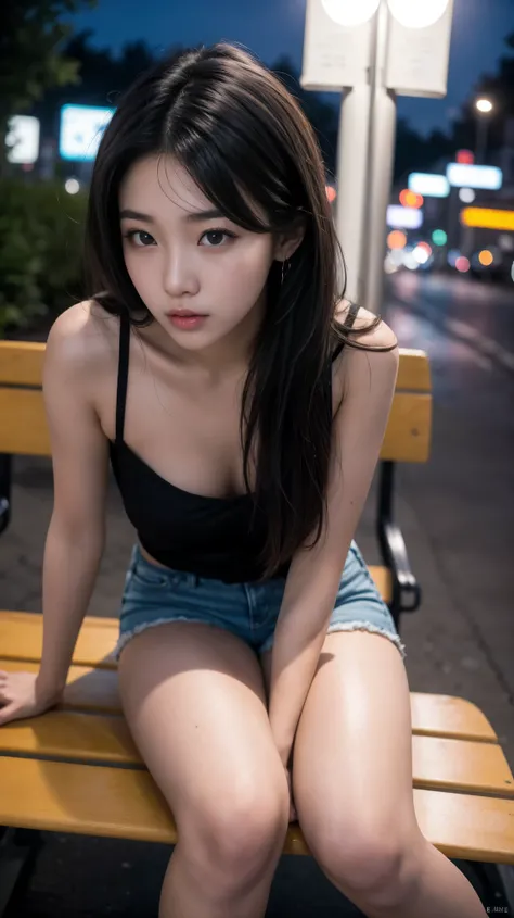 Young and attractive sexy Korean woman, 1, cute baby face, (panties,small tight jeans shorts:1.2), big bust, bright black hair, long hair, earring, (Sit on a bench in a public street at night), (From head to skirt) ,8k, RAW photos, best quality, masterpiec...