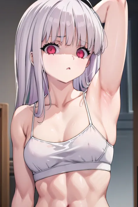 masterpiece, best quality, ultra-high-detailed, disgusted face, white hair, red eyes, sigtuna julie , small breast, looking viewer like a trash , deep eyes , front shot, room d, bare shoulder, showing shoulder, Collarbone , left arm behind head, armpit cre...