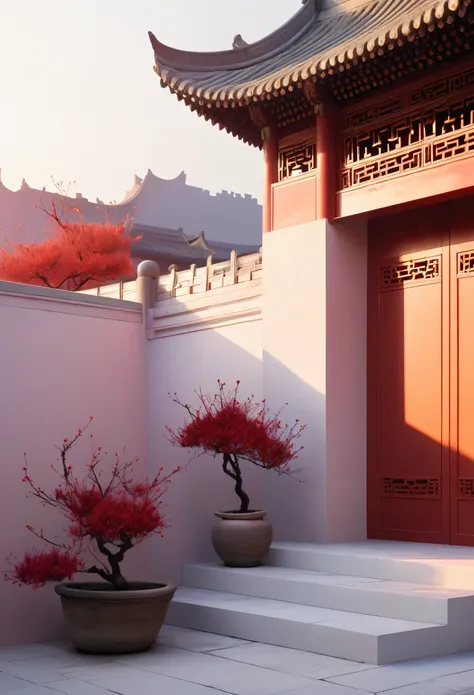 red palace walls，sunset，plum bossom，chinese aesthetic，white space，minimalism，ultra hd，soft material