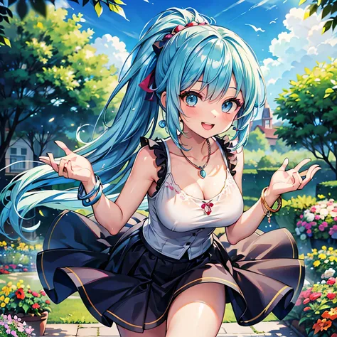 Anime Moe Art Style,Highest quality,High resolution,Anatomically correct,Mid-teens,With her light blue hair in a ponytail,Super detailed,Big Breasts,Shiny skin,Beautiful Skin,A rich expression,Bright smile,Laughing with your mouth open,garden,Wave your han...