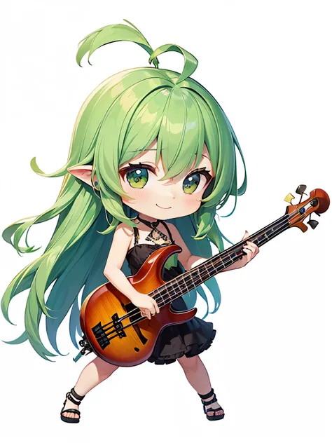 (((Metal Band)))、A little smile、The view from the live house、Green-haired chibi character、Green hair and long hair、A small character playing while standing on both feet、A beautiful depiction using tens of thousands of colors、masterpiece、Ultra HD、super high...