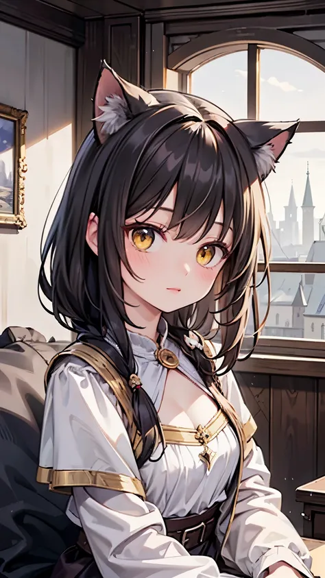 A detailed realistic portrait of a girl with cat ears and a cat tail, yellow eyes, and dark hair, sitting in a medieval bedroom, wearing medieval clothes, best quality,4k,8k,highres, medieval tavern, fantasy, detalized face, detalized clothes, cutie wear