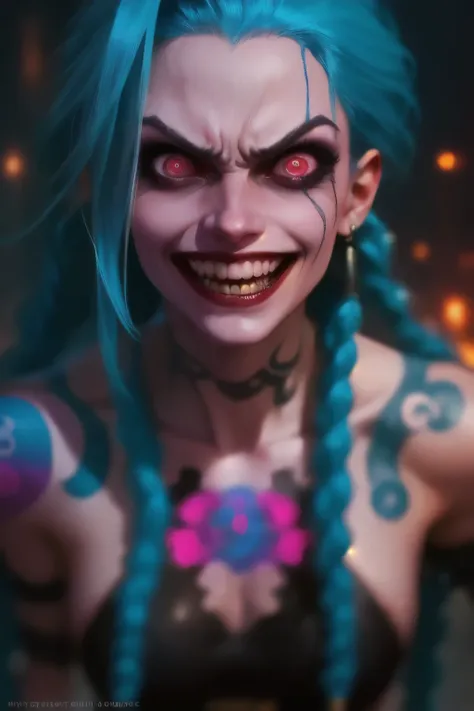 Close-up face, Hyper realistic super detailed Jinx cosplay , ((Young girl, )), Very detailed, (hyper realistic: 1.4), in dynamic pose, (((psycho face, creppy smiling))), twin braids, long hair, blue hair, red eyes,((tattooed arm)), ((skinny Body)), ((angry...