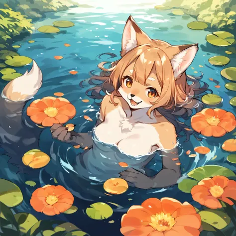 rating_safe, score_9, score_8_up, score_7_up, score_6_up, score_5_up, score_4_up, hires, source_furry, cover_page, (1girl, Solo focus, furry anthro, kemono)bathing in water, beautiful refraction of water, Dreamy, mystical, erotic, Happy, joyful(Photos of s...