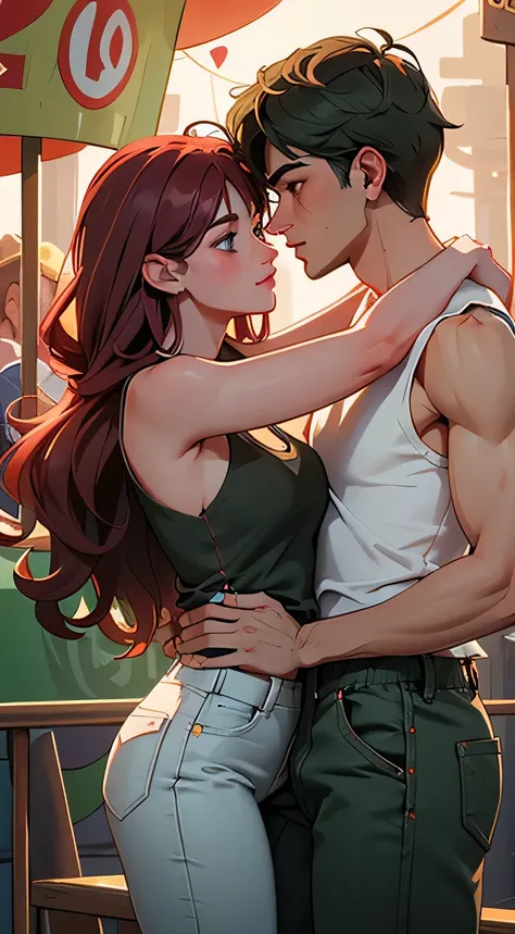 Amazing portrait of a man wearing maroon full sleeved t shirt and ripped jeans kissing a sexy woman wearing a olive green tank top paired with a white shirt and pants in an amusement park with soft lighting showcasing their amazing bodies tangled together ...