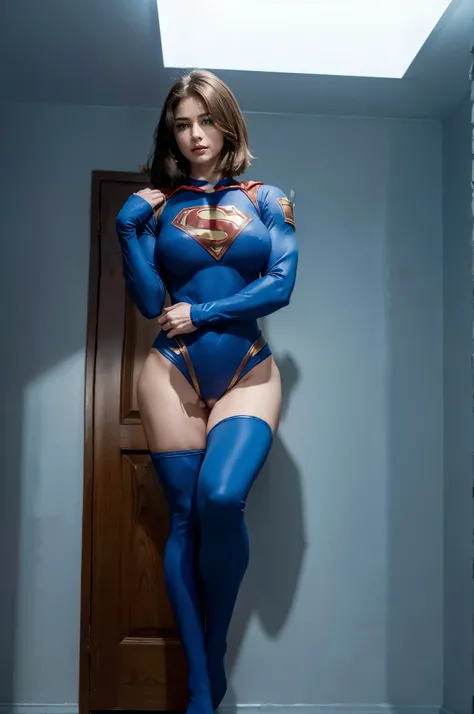 (Best Quality)), ((Masterpiece)), (Very detailed: 1.3), Beautiful woman, supergirl, short fair hair, defined body, (big breasts:1.2), wearing full body blue Supergirl suit, (muscular woman:1.3), right proportions,