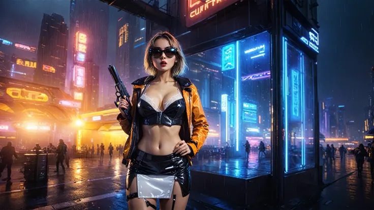 Blade Runner style futuristic city, flying cars, neon lights, rainy night. (1girl, solo, alone), large-breast:1.2 slim body, slim face, cleavage:1.1, sexy laced lingerie, very low angle view miniskirt, jacket, (black micro sunglasses), (holding a short gun...