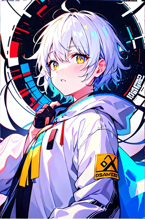 [(WHITE BACKGROUND:1.5),::5], (((masterpiece))), high quality, ultra_very_high_resolution, large_filesize, upper body, (white base), full color, ((solo)), ((little boy)), ((white short hair)), yellow eyes, anime, neon light, white parka,