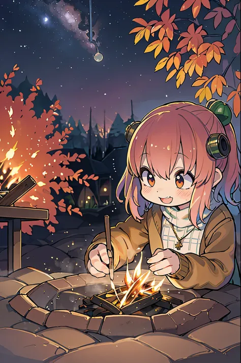 Tabletop, Highest quality, 1 person, alone, effect, Dark Background, With a happy face,Little、camp、Before the bonfire、Under the stars