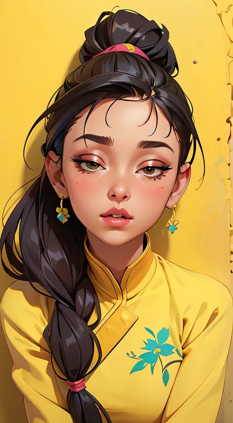 Amazing portrait of a sexy woman with her hair tied back in a low ponytail as she gazes at us seductively with her perfect lips parted for a kiss as shes pinned against the wall wearing a yellow kurta with floral embroidery