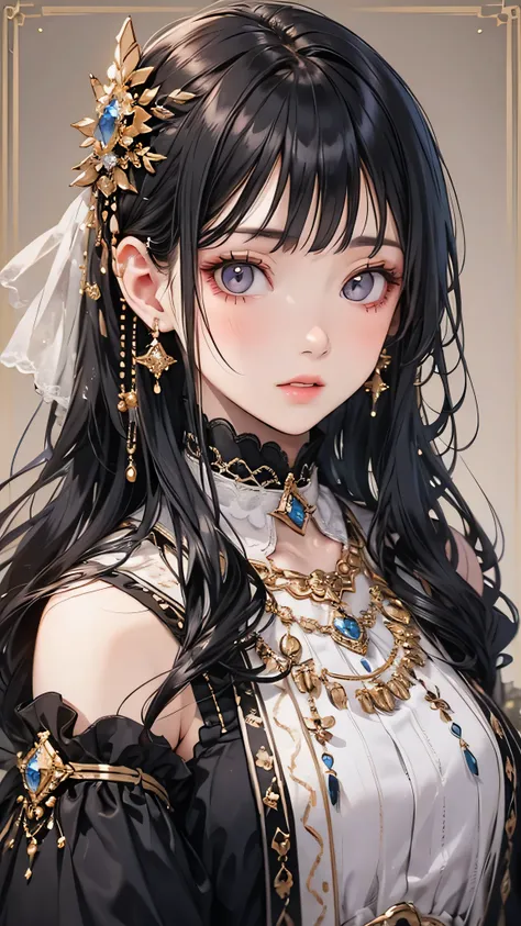 Highest quality, (Realistic:1.2), One person, alone, Detailed face, Face Focus, Are standing, Black Hair,(hair ornaments:1.35),office lady, Sleeves edged with ribbon, Removable sleeves, Ribbon trim, Wide sleeves, (View your viewers:1.5) Long Hair, Iris, ba...