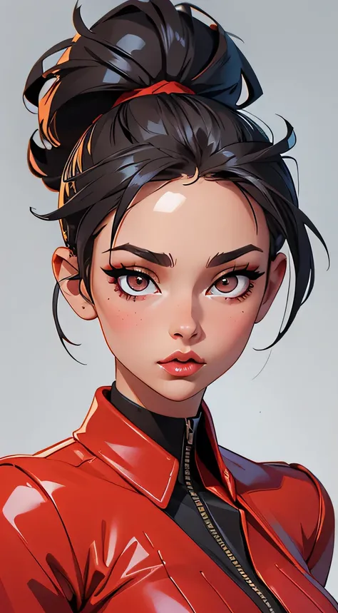 Amazing portrait of a sexy woman with her hair tied back in a high bun with her eyes emphasised by smokey eyeliner gazing at us seductively with her perfect lips parted wearing a red dress with black laces and fishnets