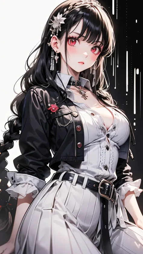 (masterpiece, Highest quality: 1.2), night, Highly detailed face, The real picture, Realistic Skin, Realistic body, Intricate details), Red eyes (Intimidating look), A slight blush, Social attire, Half-open button-up shirt (white), whiteいブラジャー, skirt (blac...