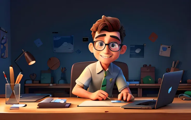 a character boy in glasses is holding up a laptop, in the styleof interactive pieces, soft gradients, daz3d, animatedgifs,azure,charming illustrations, award-winning，Dark background, backlight，((macbook por)),(Mouse)Hand drawing board, fingers