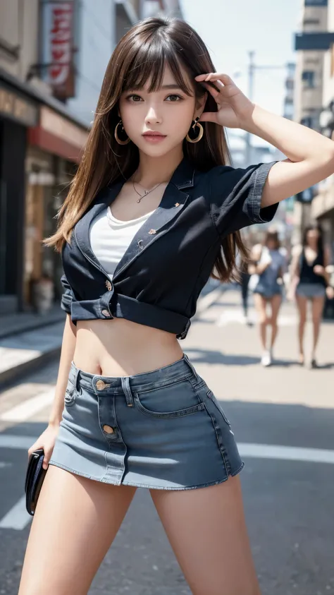 Product quality,1 person,((Shooting from below:1.4)),((Thigh Emphasis:1.4)),Young and cute Japanese, 20-year-old,smile,fun,Harajuku,(Crowded street:1.2),((White stylish blouse,Belly button:1.3)),((Stylish blazer:1.3)),((Fashionable bags:1.3)),((Fashionable...