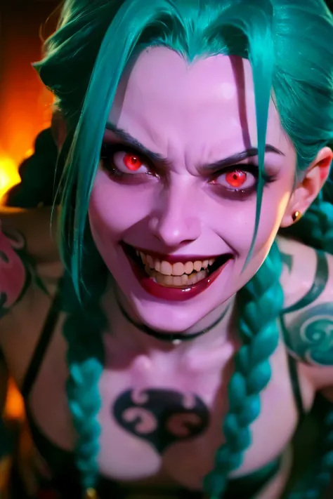 Close-up face, Hyper realistic super detailed Jinx cosplay , ((Young girl, )), Very detailed, (hyper realistic: 1.4), in dynamic pose, (((psycho face, creppy smiling))), twin braids, long hair, blue hair, red eyes,((tattooed arm)), ((skinny Body)), ((angry...