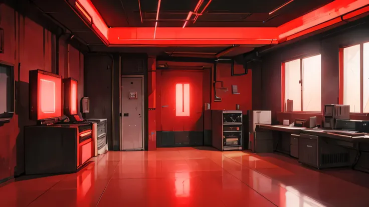 interior room cyberpunk , 2d style, red items, light