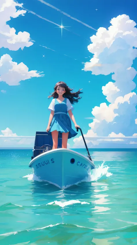 A beautiful, cute girl with a playful smile, holding a large steering wheel as she navigates the Early Adopters Cruiser through calm blue waters. The background is a vibrant blue sky with a few scattered clouds, and the sea sparkles under the sun, adding a...