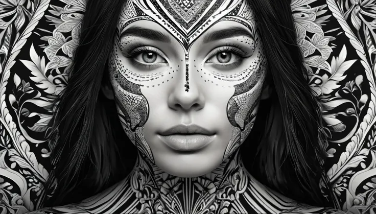 a woman with a black and white pattern on her face, stunning digital art, complicated digital art, 3 d digital art, 3d digital art, complicated digital artwork, Advanced 3D digital art, amazing detailed digital art, digital complicated art, Detailed 3D dig...