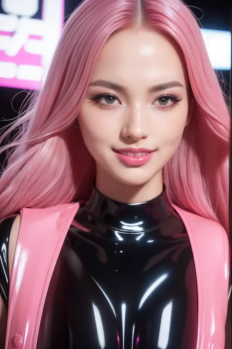 A sexy stylish female idol, glossy transparent lipstick, smiling face, defined eyebrows, long lashes, full body, wearing a sheer latex bodysuit in neon pink, colorful hair, (best quality,4k,8k,highres,masterpiece:1.2),ultra-detailed,(realistic,photorealist...