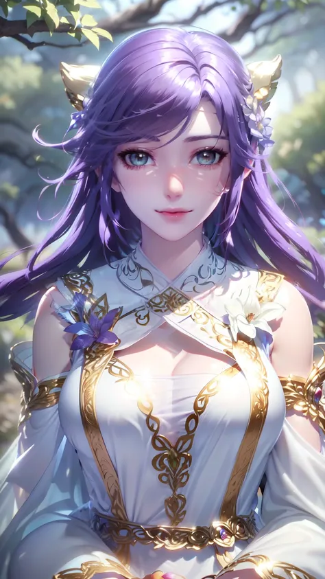 Style-SylvaMagic, award winning character concept art of a beautiful dryad sitting against a citrus tree, in a beautiful orange citrus grove, citrus fruit in trees, amazing body, smiling, happy, laughing, jubilant, light blue hair, golden horns, beautiful ...