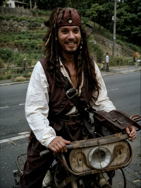 happy smiling 1980s german postman on his bike pedaling up the hill, view from above, jack sparrow making fun of himself