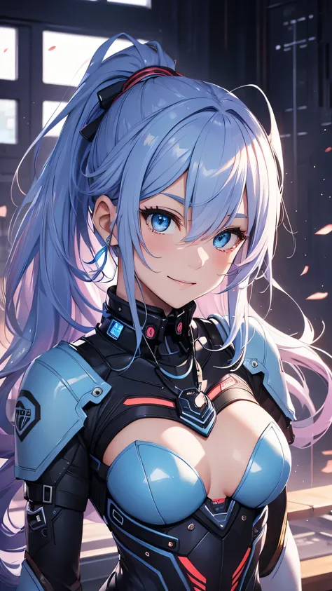 最high quality、Best image quality、masterpiece、and((cute、18-year-old、Best Bust、Medium Bust、Beautiful Blue Eyes、Spread your chest wide,Pastel colored hair、ponytail、Disheveled Hair、thin、Highest valley、Cyber Suit、smile、necklace、Wristband、)）high quality、Beautifu...