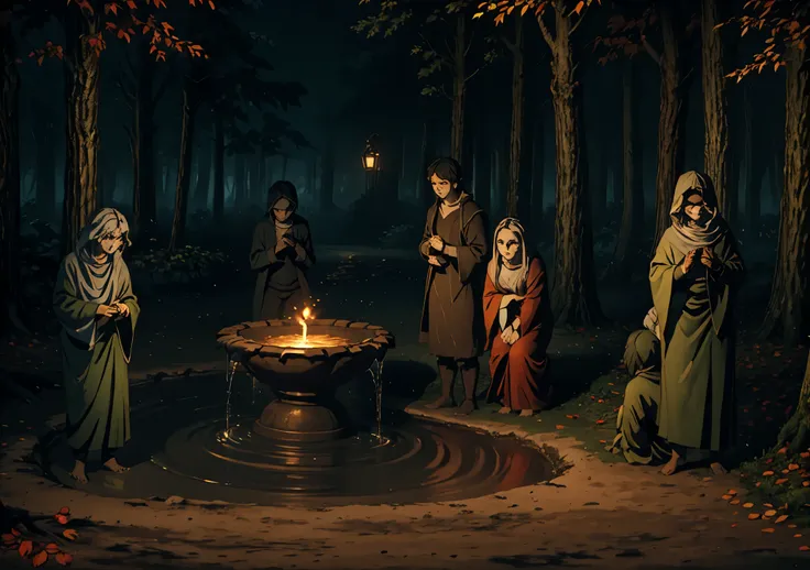 forst, Thu, 2d, dark surroundings, dried leaves, Apple falling to the ground, dark evening, several human sculptures with expressions of fear, a fountain of water coming out of mud 