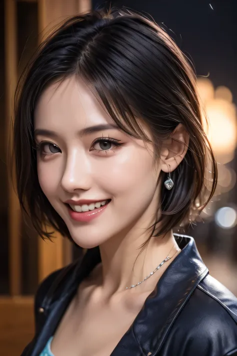 (highest quality, 8k, 32K, masterpiece), (Realistic), (Realistic:1.2), (High resolution), (night:1.7), Japan, cyber punk, 街の景Farbe, In front of the window,Wooden floor, Blue jacket, Grey Shirt, clavicle, jewelry, gem, Brunette Bob, 1 female, 4, (Grin), Bea...