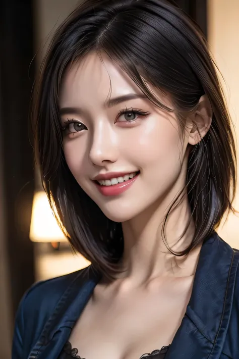 (highest quality, 8k, 32K, masterpiece), (Realistic), (Realistic:1.2), (High resolution), (night:1.7), Japan, cyber punk, 街の景Farbe, In front of the window,Wooden floor, Blue jacket, Grey Shirt, clavicle, jewelry, gem, Brunette Bob, 1 female, 4, (Grin), Bea...