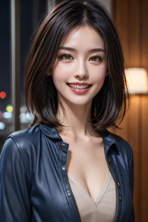 (highest quality, 8k, 32K, masterpiece), (Realistic), (Realistic:1.2), (High resolution), (night:1.7), Japan, cyber punk, 街の景Farbe, In front of the window,Wooden floor, Blue jacket, Grey Shirt, clavicle, jewelry, gem, Brunette Bob, 1 female, 4, (Grin), Bea...