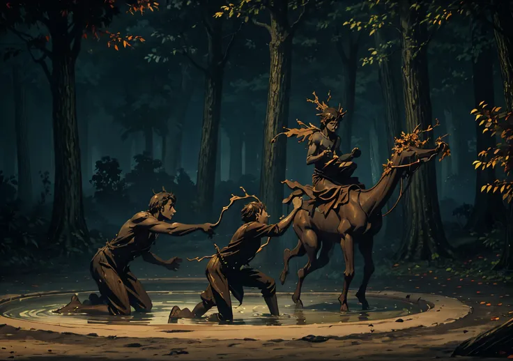 forst, Thu, 2d, dark surroundings, dried leaves, Apple falling to the ground, dark evening, several bown human sculptures with expressions of fear, a fountain of water coming out mud, ampty, only with brown sculptures , sculptures looks like running with f...