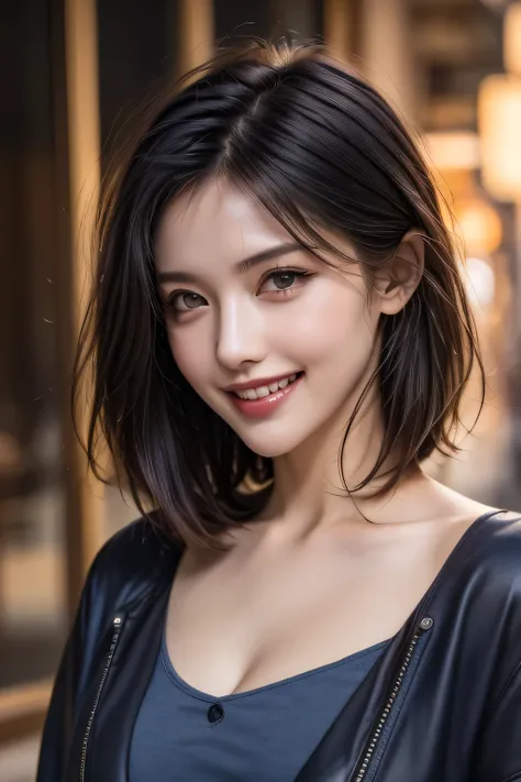 (highest quality, 8k, 32K, masterpiece), (Realistic), (Realistic:1.2), (High resolution), (night:1.7), Japan, cyber punk, 街の景Farbe, In front of the window,Wooden floor, Blue jacket, Grey Shirt, clavicle, jewelry, gem, Brunette Bob, 1 female, 4, (Grin), Bea...