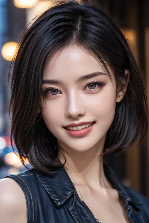 (highest quality, 8k, 32K, masterpiece), (Realistic), (Realistic:1.2), (High resolution), (night:1.7), Japan, cyber punk, 街の景Farbe, In front of the window,Wooden floor, Blue jacket, Grey Shirt, clavicle, jewelry, gem, Brunette Bob, 1 female, 4, (Grin), Bea...
