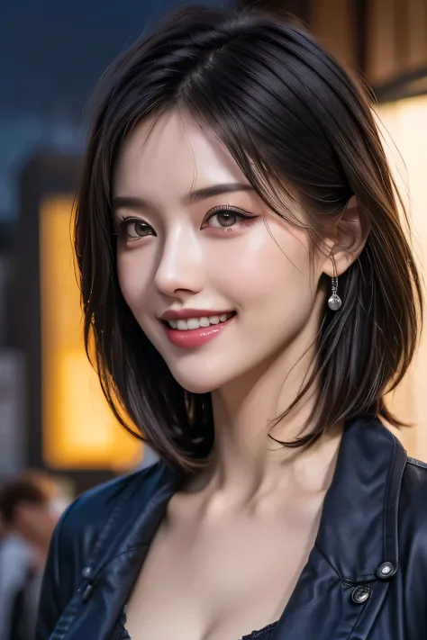 (highest quality, 8k, 32K, masterpiece), (Realistic), (Realistic:1.2), (High resolution), (night:1.7), Japan, cyber punk, 街の景Farbe, In front of the window,Wooden floor, Blue jacket, Grey Shirt, clavicle, jewelry, gem, Brunette Bob, 1 female, 4, (Grin), Bea...