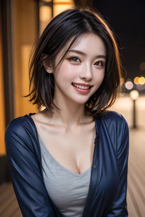 (highest quality, 8k, 32K, masterpiece), (Realistic), (Realistic:1.2), (High resolution), (night:1.7), Japan, cyber punk, 街の景Farbe, In front of the window,Wooden floor, Blue jacket, Grey Shirt, clavicle, jewelry, gem, Brunette Bob, 1 female, 4, (Grin), Bea...