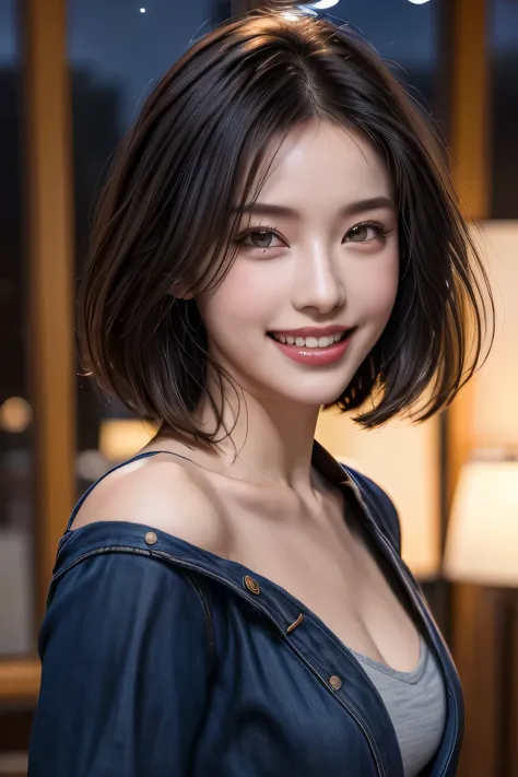 (highest quality, 8k, 32K, masterpiece), (Realistic), (Realistic:1.2), (High resolution), (night:1.7), Japan, cyber punk, 街の景Farbe, In front of the window,Wooden floor, Blue jacket, Grey Shirt, clavicle, jewelry, gem, Brunette Bob, 1 female, 4, (Grin), Bea...