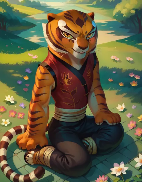 score_9, score_8_up, score_8, 1girl, m4stertigr3ss, solo, tail, looking at viewer, red qipao, black silk pants
Sitting on flower ground