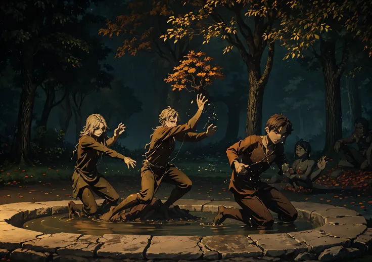 forst, Thu, 2d, dark surroundings, dried leaves, Apple falling to the ground, dark evening, several bown human sculptures with expressions of fear, a fountain of water coming out mud, ampty, only with brown sculptures , sculptures looks like running with f...