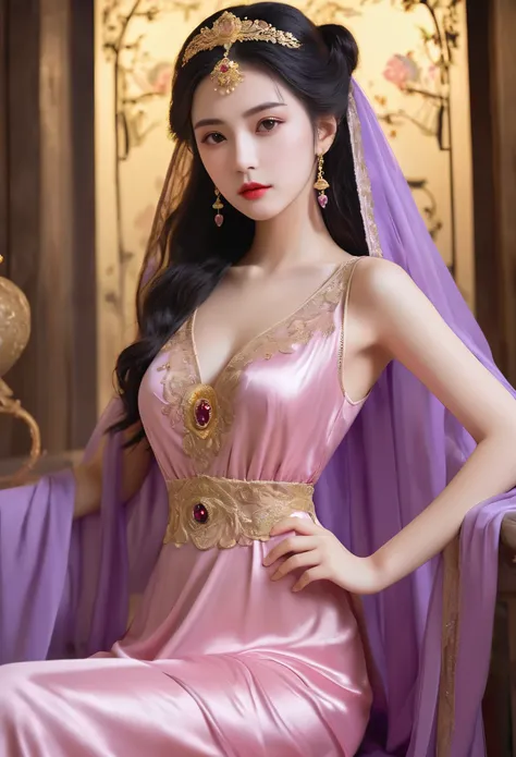 1 20-year-old girl, 1 goddess athena, pink and purple silk dress, the face of the goddess of beauty athena is flawless, fine yel...