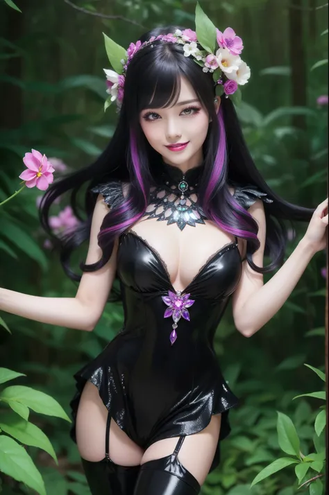 sexy stylish female who controls poison、beautiful smile、lipgloss、long lashes、dramatic makeup、look at the camera、full body Esbian、、sparkling poisoned enchanted flower costume、、、、shiny sparkling multicolor hair、secrete poison、skull hair accessories、black tig...