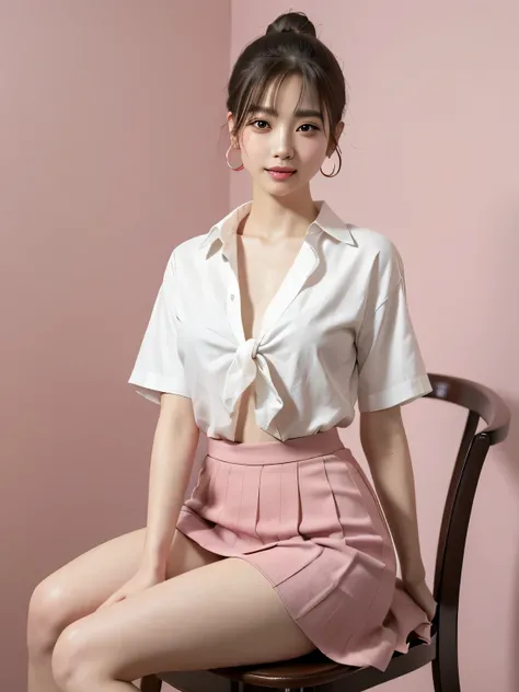 (Highest quality、8k、32K、masterpiece、Hmph:1.2)、Pink Wall、sexy、Age 25、Cute Japan woman photo、Earrings、Short Ponytail、sexy、thin、slender、(Bobcut)、(Small breasts)、double eyelid、White shirt、Red tie、Red mini skirt、Thighs、Pink wall、whole body、smile、sexy、Thighsが見える...