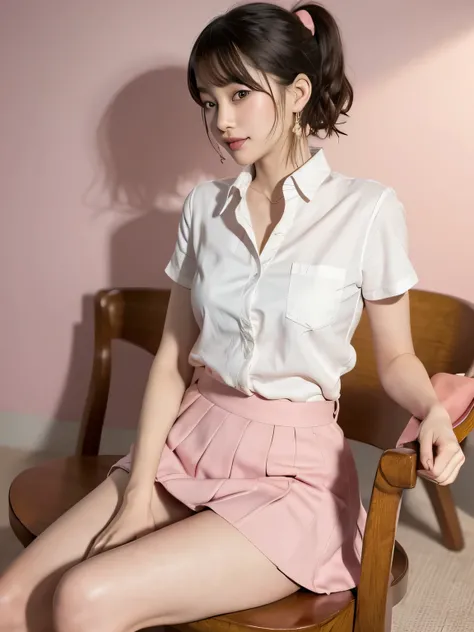 (Highest quality、8k、32K、masterpiece、Hmph:1.2)、Pink Wall、sexy、Age 25、Cute Japan woman photo、Earrings、Short Ponytail、sexy、thin、slender、(Bobcut)、(Small breasts)、double eyelid、White shirt、Red tie、Red mini skirt、Thighs、Pink wall、whole body、smile、sexy、Thighsが見える...