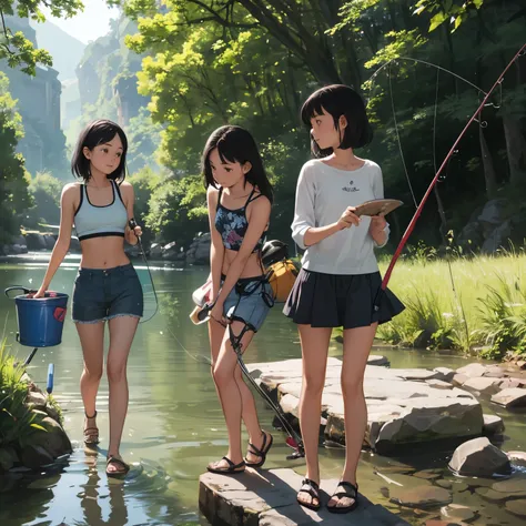 masterpiece, Highest quality,plural, Three Girls, In a beautiful river、fishing、(Holding a fishing rod:1.4)、Fishing with a net、(Holding a bucket)、Water Play、Sandals, Black Hair, short hair、Long Hair, Hair ties, hair band, hair ornaments, Swimwear、Shorts, sk...