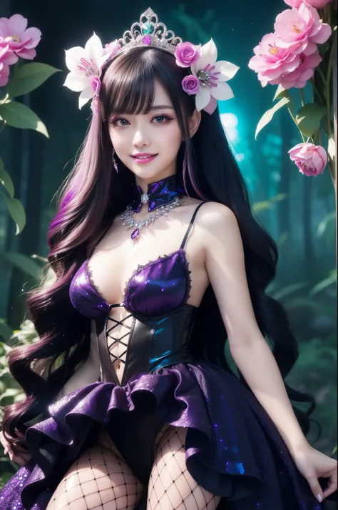 sexy stylish princess who controls poison、beautiful smile、lip-gloss、long lashes、intense makeup、look at the camera、full body Esbian、、sparkling poisoned flower costume、、、、shiny sparkling multicolor hair、secrete poison、skull hair accessories、fishnet tights、sh...